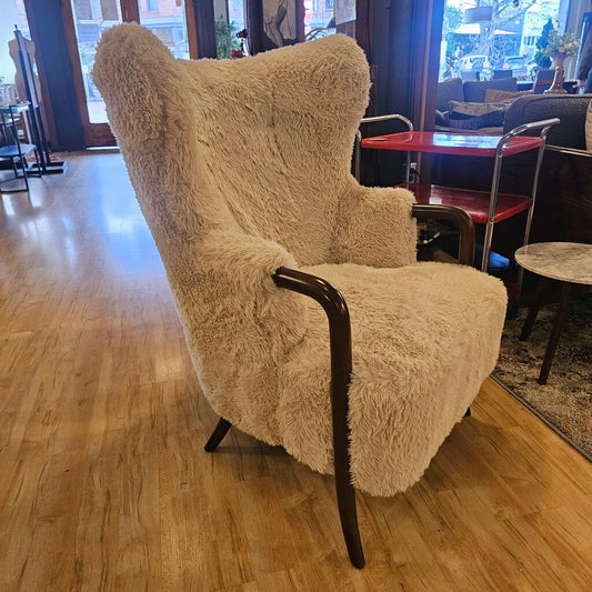 Cream Fur Dark Wood Arm Accent Chair