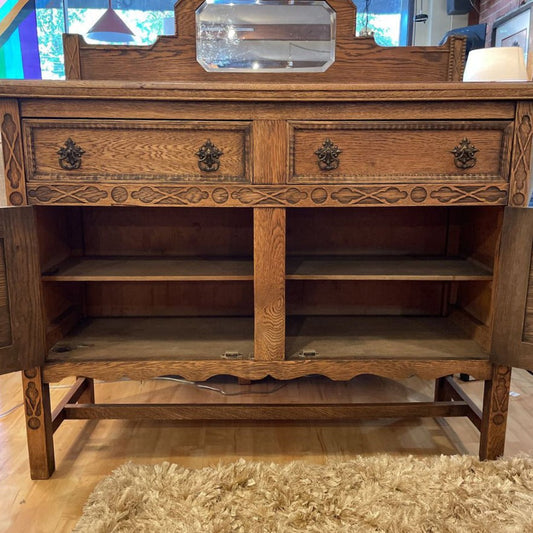 Vintage Oak Buffet with Octagon Mirror