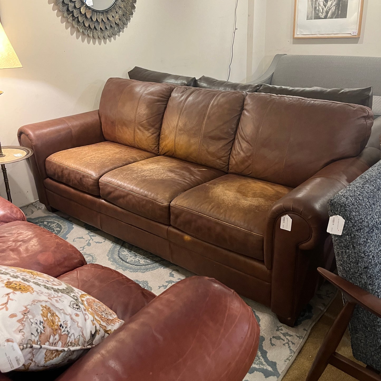 3 Seat Brown Leather Sofa - As Is