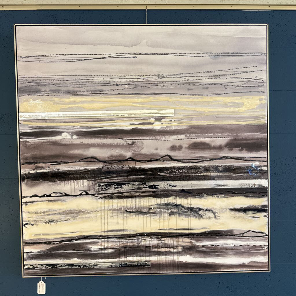 Abstract art piece with horizontal stripes in shades of gray, black, and yellow on a blue wall.