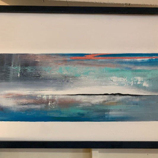 Abstract painting with blue, green, and red colors on a white background