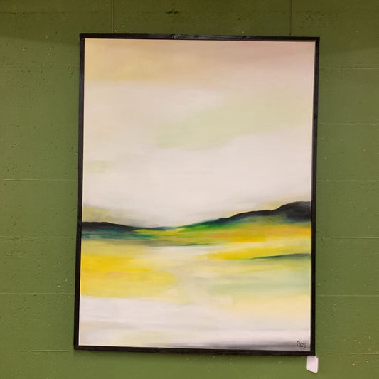 Abstract landscape painting on a green wall
