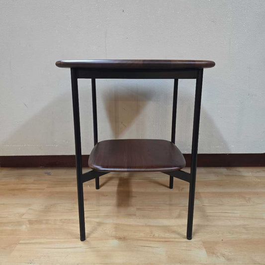 Walnut Top and Shelf Metal Leg Side Table