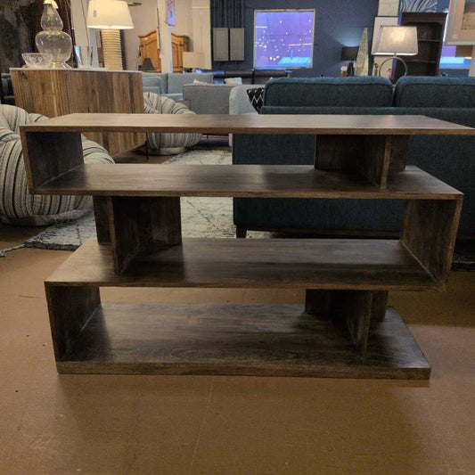 Wooden shelf in a room with furniture and decor