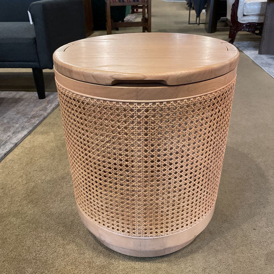 Round Blonde Cane Sides Table w Storage