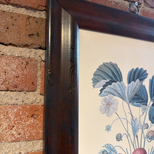 The illustration features lush, multi-tonal green leaves and detailed berries in shades of deep red and soft pink, set against a clean, off-white background.