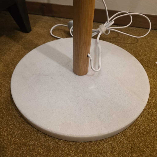Large Shade Wood Stem Marble Base Floor Lamp