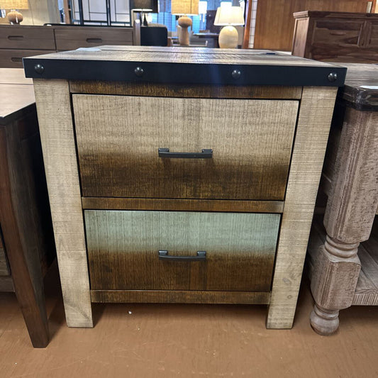 Wooden nightstand with two drawers in a room setting