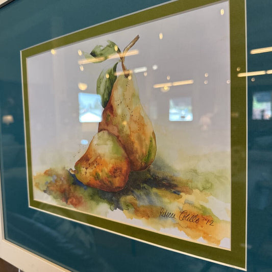 Framed watercolor painting of two pears on a white background