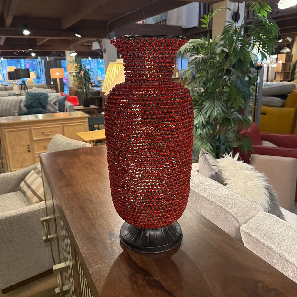 Tall Red-Beaded Floor Basket/Pot