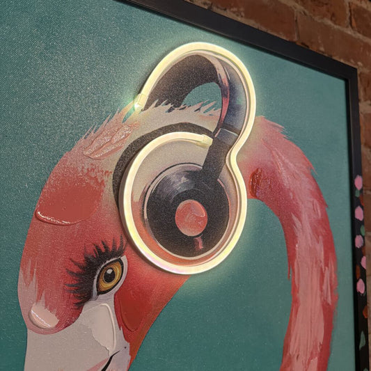 Illustration of a flamingo wearing headphones with a teal background