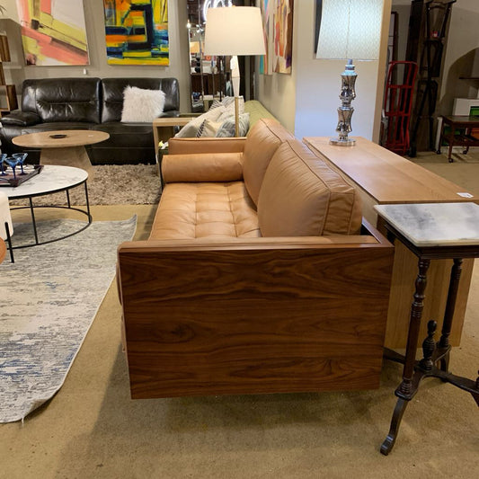 Woodrow Wood Wrapper Cigar Leather Sofa w Bolster Pillows