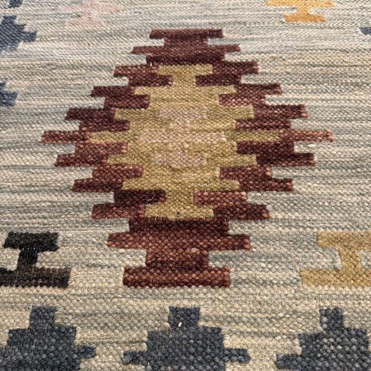 Close-up of a patterned rug with geometric design
