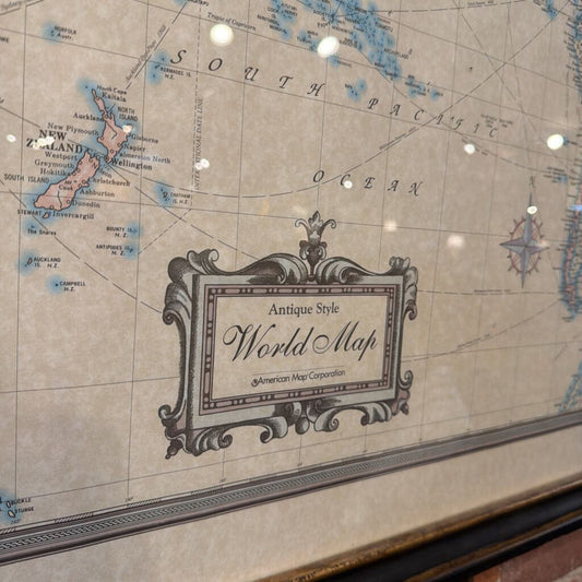 Vintage-style world map with decorative border and 'Antique Style World Map' text.