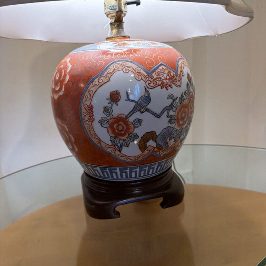 Decorative lamp with floral and bird design on a wooden base