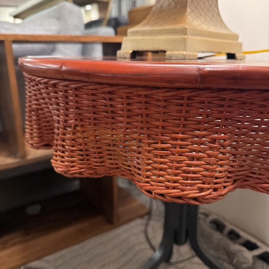 Red Top Side Table with Wicker Skirt