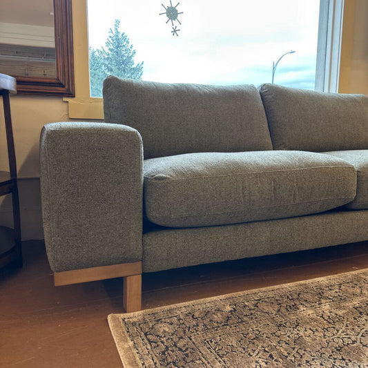 Gray sofa in a living room with a window and rug in the background