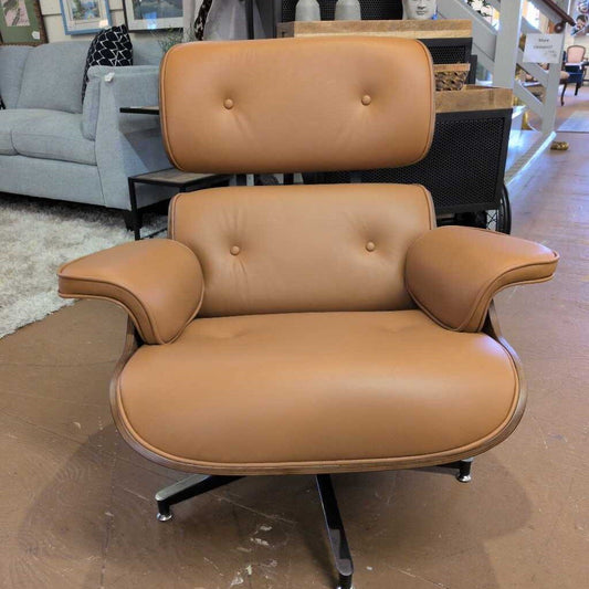 Eames Style Lounge Chair with Ottoman - Orange Leather