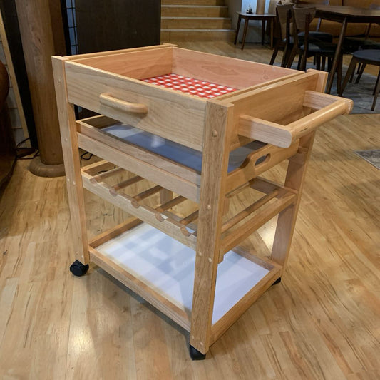 Blond wood Rolling Cart with Checkerboard Design on Top