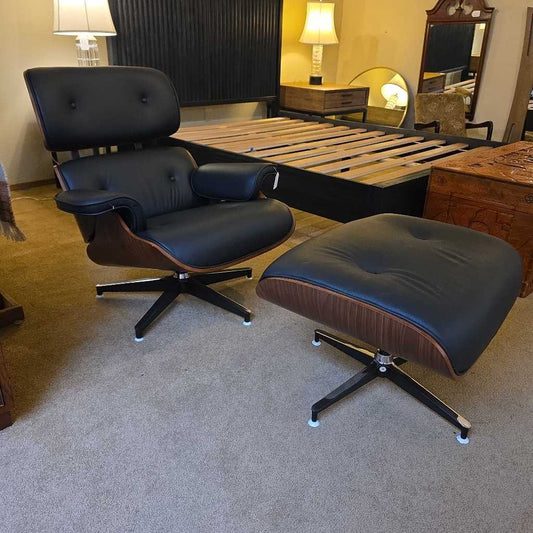 Black Leather Bentwood Lounge Chair & Ottoman