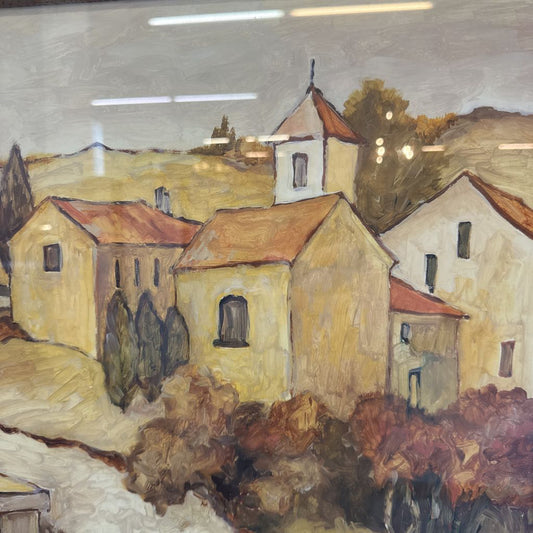Painting of a village scene with houses and trees