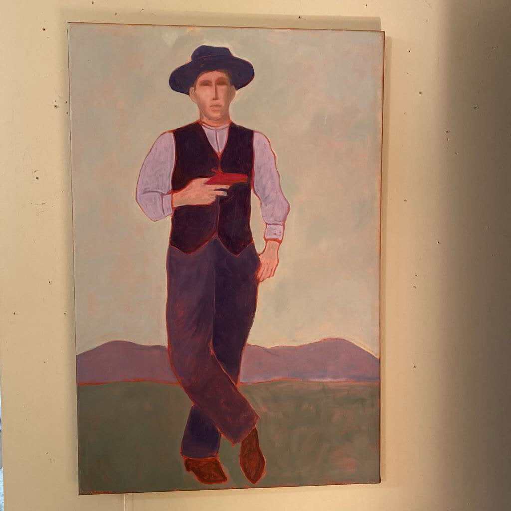 Painting of a man in a hat and vest against a landscape background