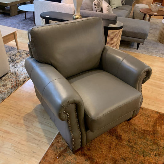 Grey Genuine Leather Roll Arm Accent Chair