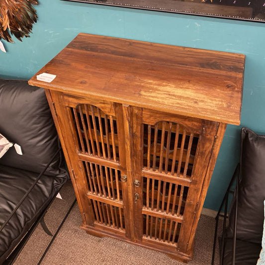 Dark Wood Bamboo Accent Door Wine Cabinet w/Key (AS IS)