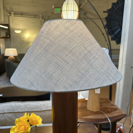 table lamp with wooden base and white shade