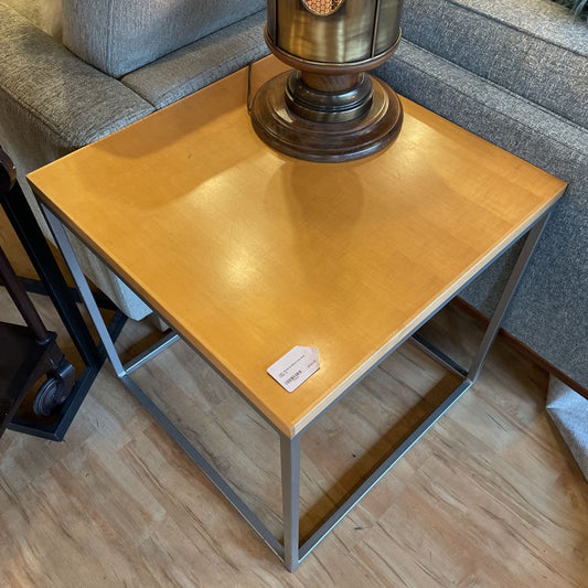 Light Wood & Metal Cube End Table