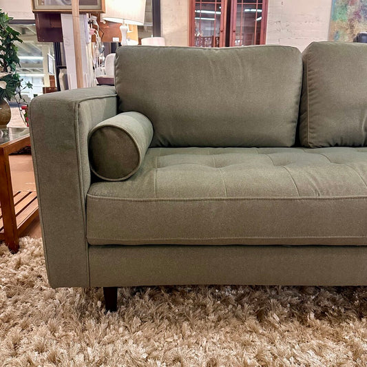 Green sofa on a beige carpet with a blurred indoor background