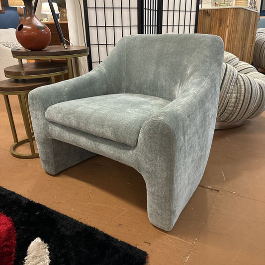 Gray armchair in a room with a rug and furniture