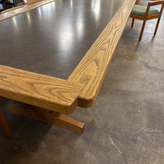 Solid Oak Recessed Faux Leather Top Dining Table