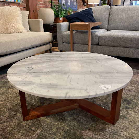 Round Marble Coffee Table with Dark Wood Legs