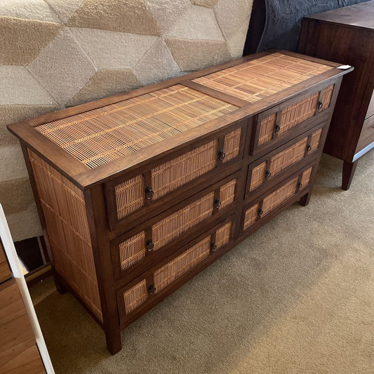 Six Drawer Rattan Lowboy Dresser
