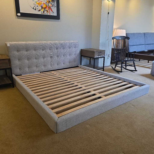 Grey Tufted Fabric Low Profile King Bed