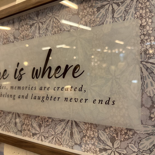 Decorative sign with text on a floral background