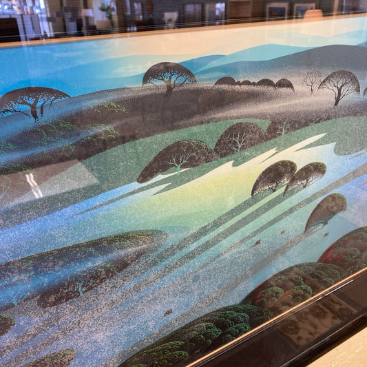 Artistic depiction of a landscape with trees and a road on a textured surface.