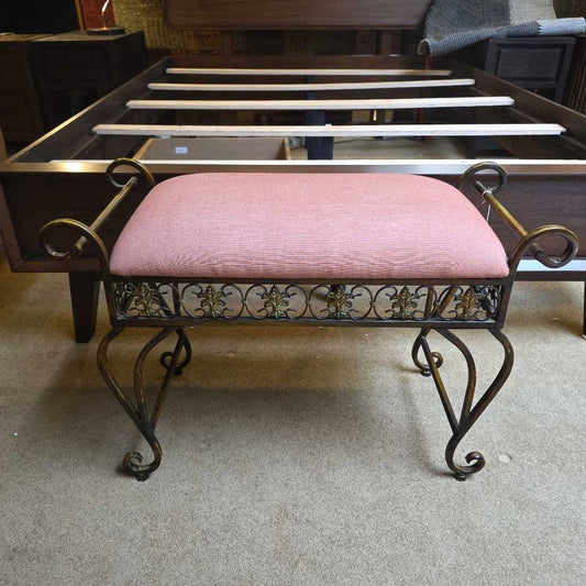 Curved Metal Leg Peach Fabric Bench