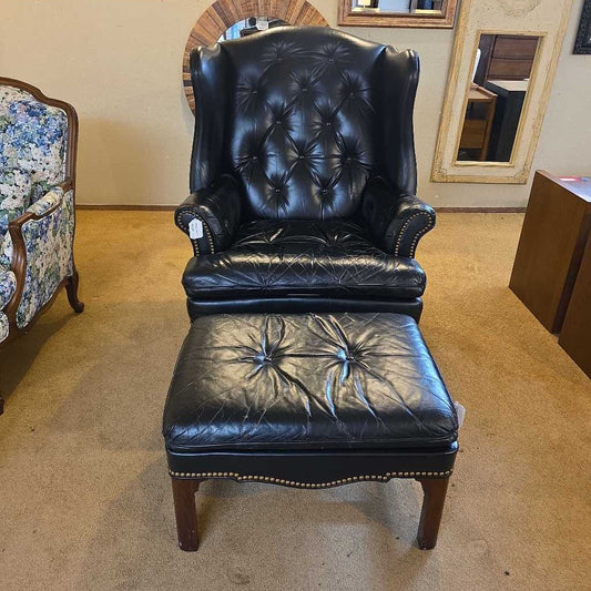 Black Leather Tufted Wingback Chair with Ottoman