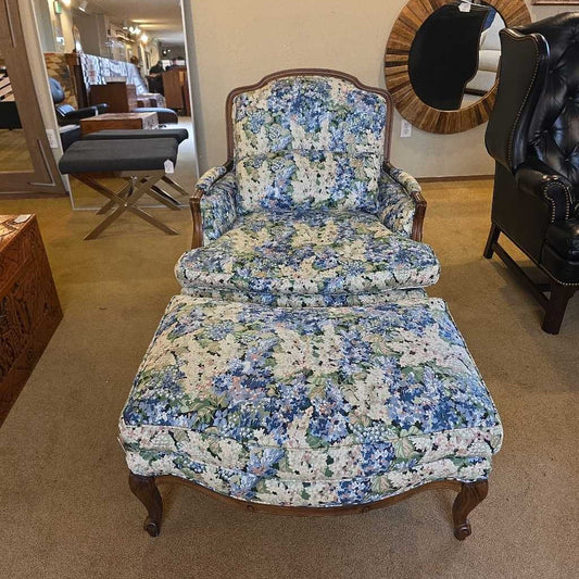 Sam Moore French Style Carved Walnut Floral Upholstered Chair with Ottoman