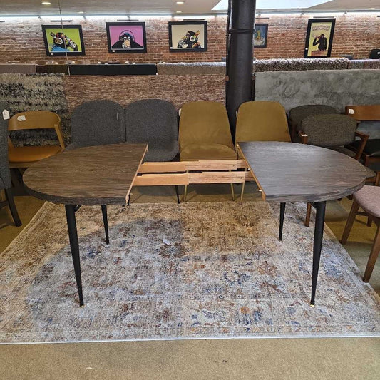 Dark MCM Round Expanding Dining Table w Metal Legs