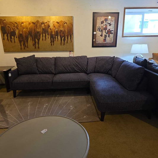 Gray sectional sofa in a room with wall art and a lamp.