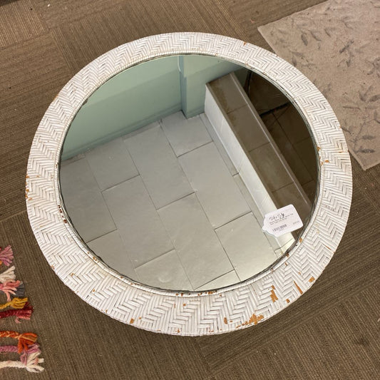 Round White Wicker Mirror Top Side Table (AS IS)