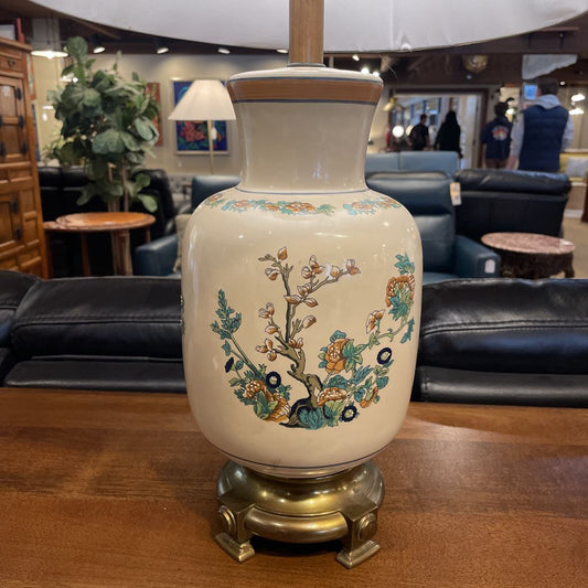 Ceramic Vase Table Top Lamp with Painted Tree & Florals