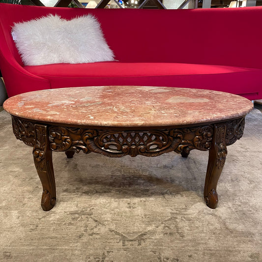 Pink Stone Top Carved Oval Coffee Table