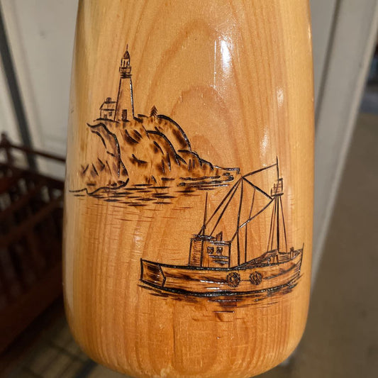 Wood Net Bouy with Carved Fishing Boat & Lighthouse Scene