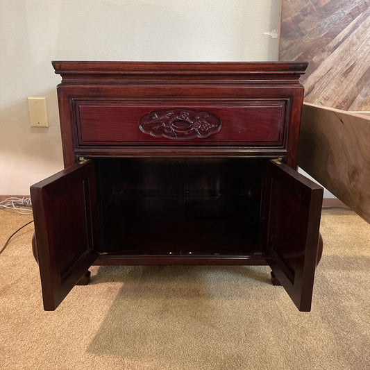 Carved Dark Wood Asian Nightstand