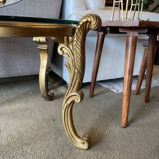 French Provincial Golden Curved Foot Base End Table with Glass Top C SIDE TABLES