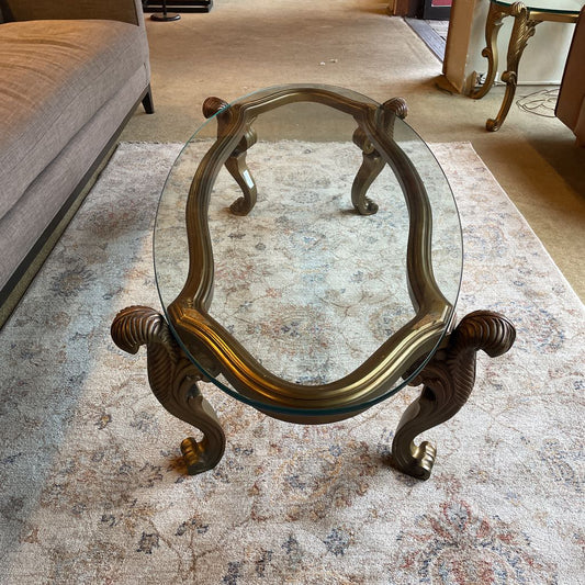 French Provincial Golden Oval Coffee Table with Glass Top